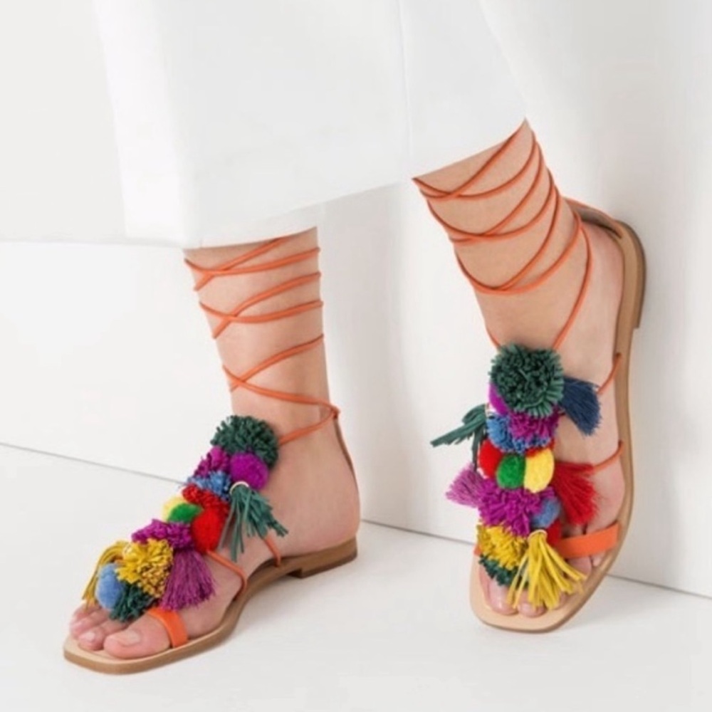 Zara Colorful Pom Pom Tassel Lace Up Open Toe Sandals (Size 38)